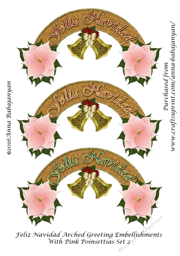 Feliz Navidad Arched Greeting Embellishments With Pink Poinsettias Set 2