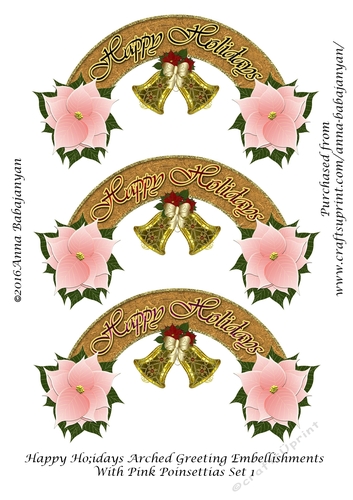 Happy Holidays Arched Greeting Embellishments With Pink Poinsettias Set 1
