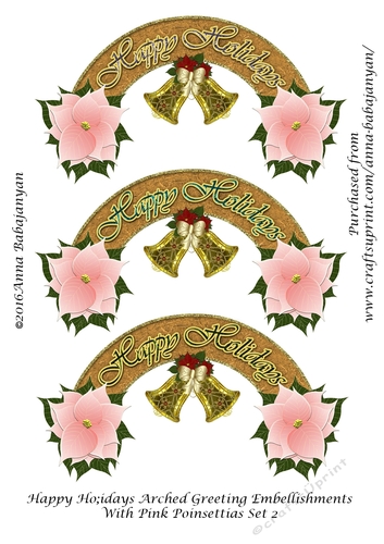 Happy Holidays Arched Greeting Embellishments With Pink Poinsettias Set 2