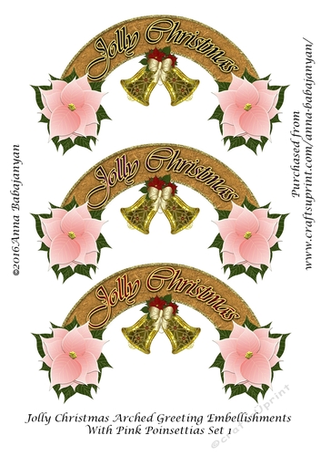 Jolly Christmas Arched Greeting Embellishments With Pink Poinsettias Set 1