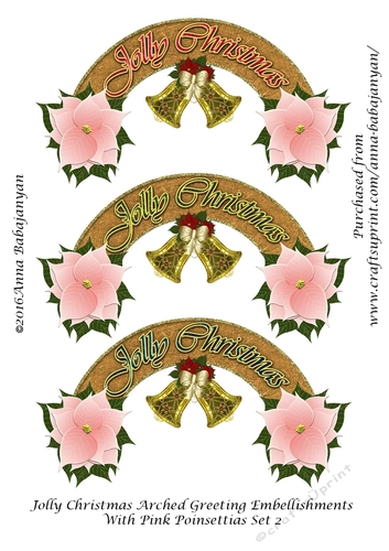 Jolly Christmas Arched Greeting Embellishments With Pink Poinsettias Set 2