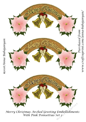 Merry Christmas Arched Greeting Embellishments With Pink Poinsettias Set 2