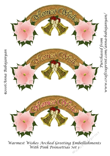 Warmest Wishes Arched Greeting Embellishments With Pink Poinsettias Set 1