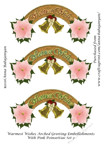 Warmest Wishes Arched Greeting Embellishments With Pink Poinsettias Set 2