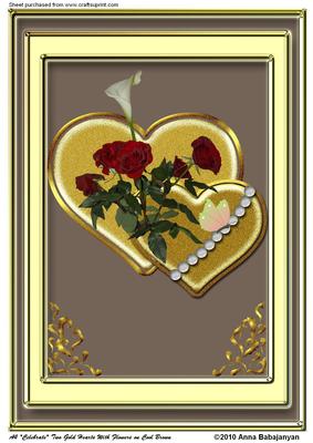 A4 Celebrate Two Gold Hearts with Flowers on Cool Brown