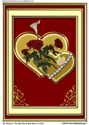 A4 Celebrate Two Gold Hearts with Flowers on Red