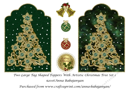 Two Large Tag Shaped Toppers With Artistic Christmas Tree Set 1