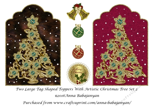 Two Large Tag Shaped Toppers With Artistic Christmas Tree Set 2