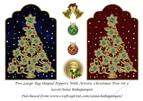 Two Large Tag Shaped Toppers With Artistic Christmas Tree Set 3