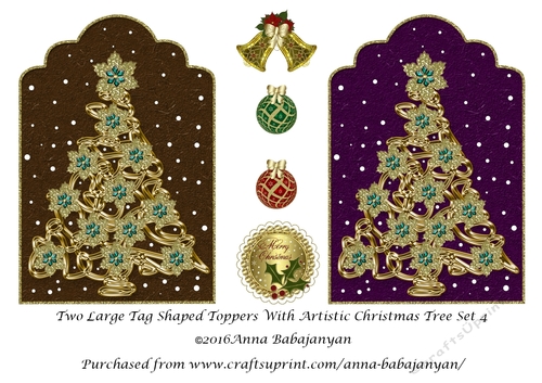 Two Large Tag Shaped Toppers With Artistic Christmas Tree Set 4