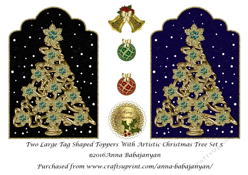 Two Large Tag Shaped Toppers With Artistic Christmas Tree Set 5
