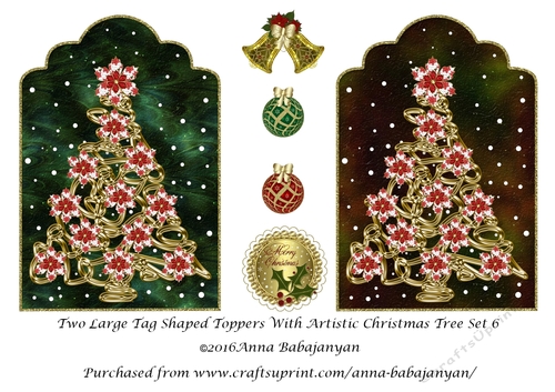 Two Large Tag Shaped Toppers With Artistic Christmas Tree Set 6