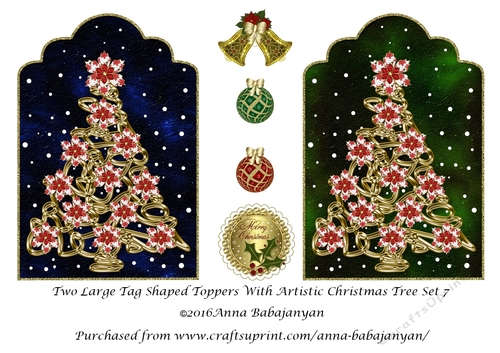Two Large Tag Shaped Toppers With Artistic Christmas Tree Set 7