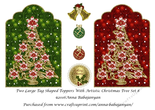 Two Large Tag Shaped Toppers With Artistic Christmas Tree Set 8