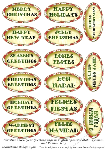 Christmas New Year Greeting Tags in English Spanish Catalan German and Russian Set 3