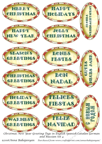 Christmas New Year Greeting Tags in English Spanish Catalan German and Russian Set 4