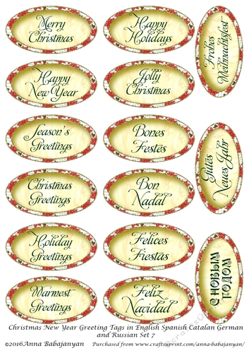 Christmas New Year Greeting Tags in English Spanish Catalan German and Russian Set 7