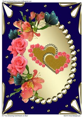 A4 Two Dreaming Gold Hearts on Blue