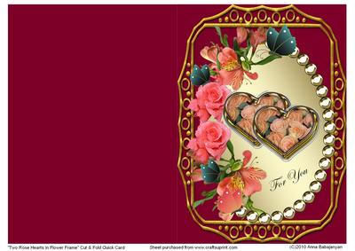 Two Rose Hearts in Flower Frame Cut & Fold Quick Card