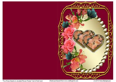 Two Rose Hearts in Jeweled Flower Frame Cut & Fold Card