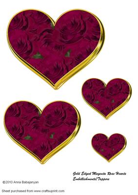 Gold Edged Magenta Rose Hearts Embellishments/toppers