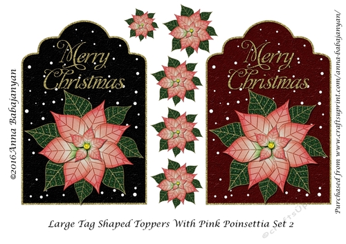 Large Tag Shaped Toppers With Pink Poinsettia Set 2