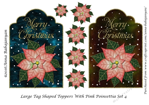 Large Tag Shaped Toppers With Pink Poinsettia Set 4