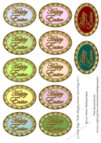 12 Oval Tags With Happy Easter Greeting Set 1