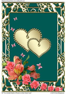 A4 Two Jeweled Hearts & Flowers on Dark Green Cyan