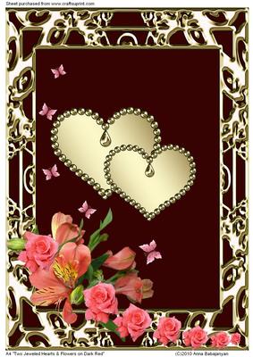 A4 Two Jeweled Hearts & Flowers on Dark Red