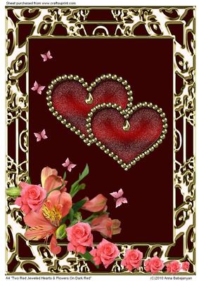 A4 Two Red Jeweled Hearts & Flowers on Dark Red
