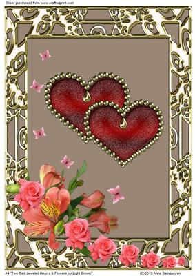 A4 Two Red Jeweled Hearts & Flowers on Light Brown