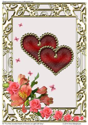 A4 Two Red Jeweled Hearts & Flowers on Light Soft Grey