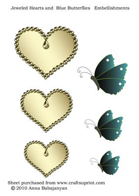 Jeweled Hearts & Blue Butterflies Embellishments