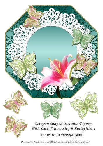 Octagon Shaped Metallic Topper With Lace Frame Lily & Butterflies 1