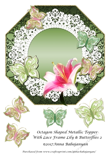 Octagon Shaped Metallic Topper With Lace Frame Lily & Butterflies 2