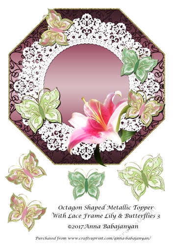 Octagon Shaped Metallic Topper With Lace Frame Lily & Butterflies 3