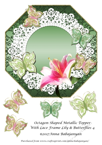 Octagon Shaped Metallic Topper With Lace Frame Lily & Butterflies 4
