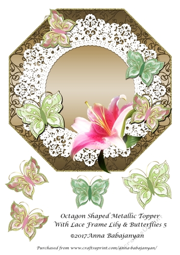 Octagon Shaped Metallic Topper With Lace Frame Lily & Butterflies 5