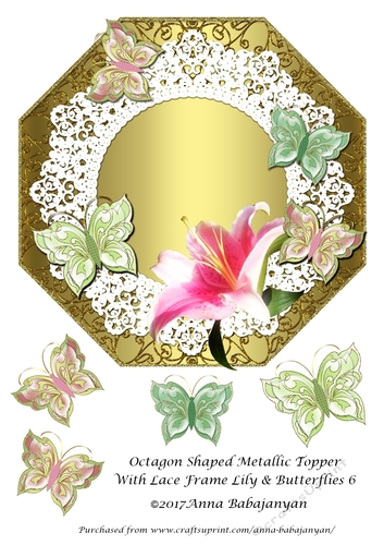 Octagon Shaped Metallic Topper With Lace Frame Lily & Butterflies 6