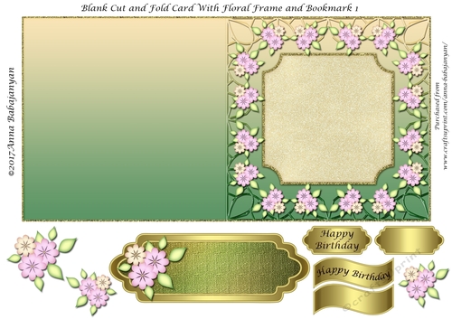 Blank Cut and Fold Card With Floral Frame and Bookmark 1