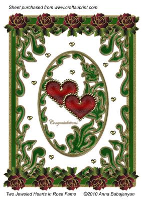 A4 "two Jeweled Hearts in Rose Frame"