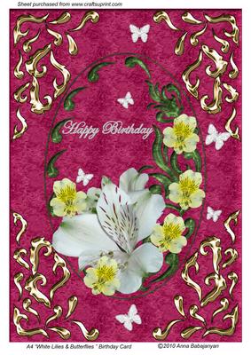 A4 "white Lilies & Butterflies" Birthday Card
