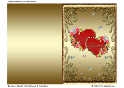 Two Love Hearts with Flowers & Butterflies