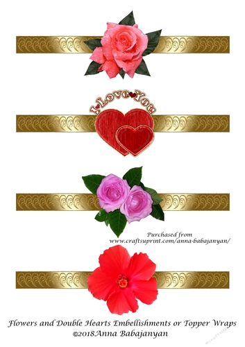 Flowers and Double Hearts Embellishments or Topper Wraps