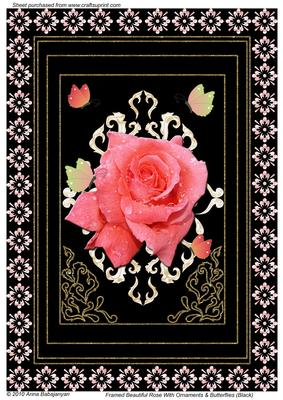 Framed Beautiful Rose with Ornaments & Butterflies (black)