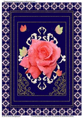 Framed Beautiful Rose with Ornaments & Butterflies (blue)