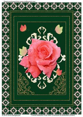 Framed Beautiful Rose with Ornaments & Butterflies (green)