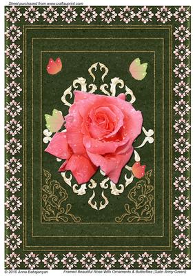 Framed Beautiful Rose Withornaments & Butterflies Army Green