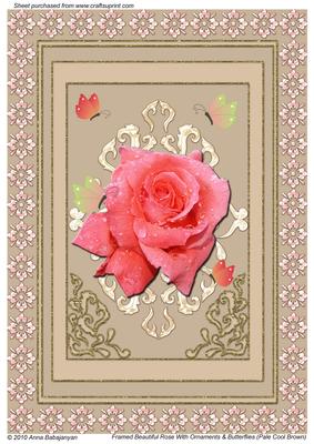 Framed Beautiful Rose with Ornaments &butterflies Pale Brown
